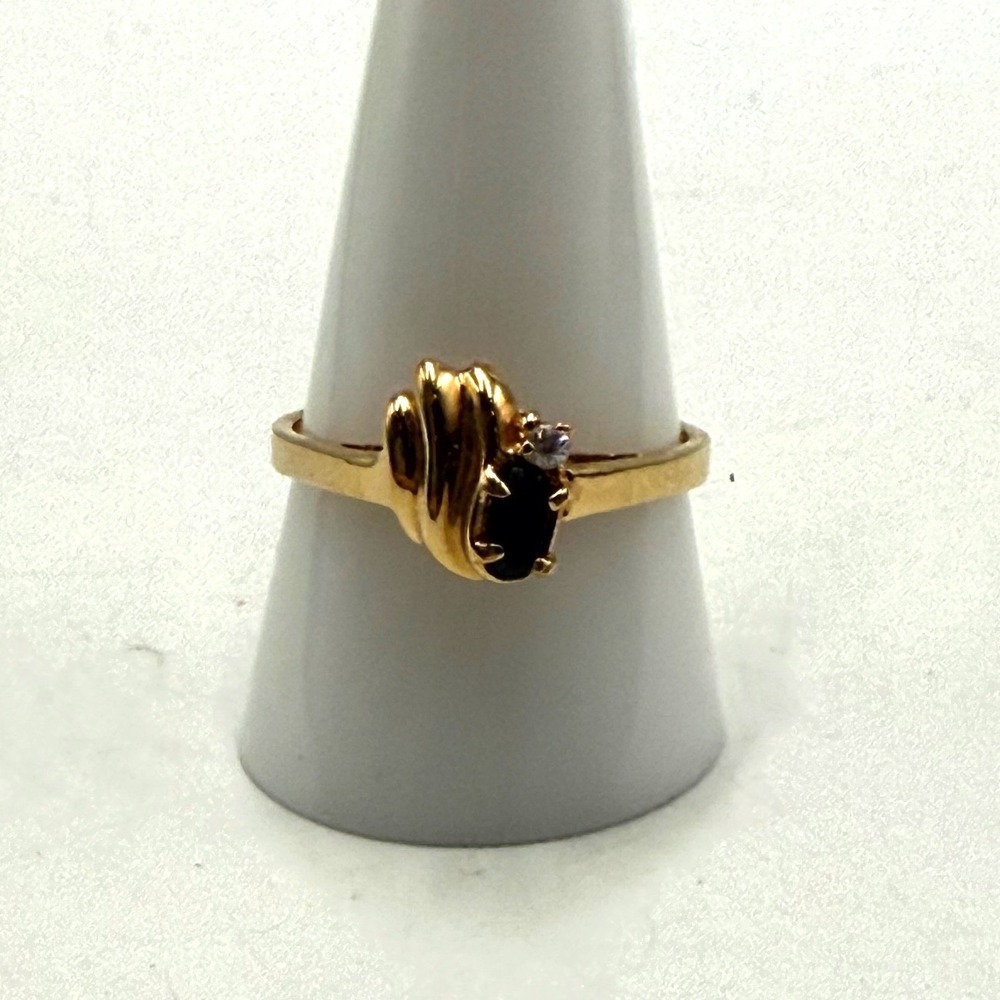 Vintage Gold Tone Bypass Ring Faux Sapphire Rhinestone Accent Size 10.25 Taiwan